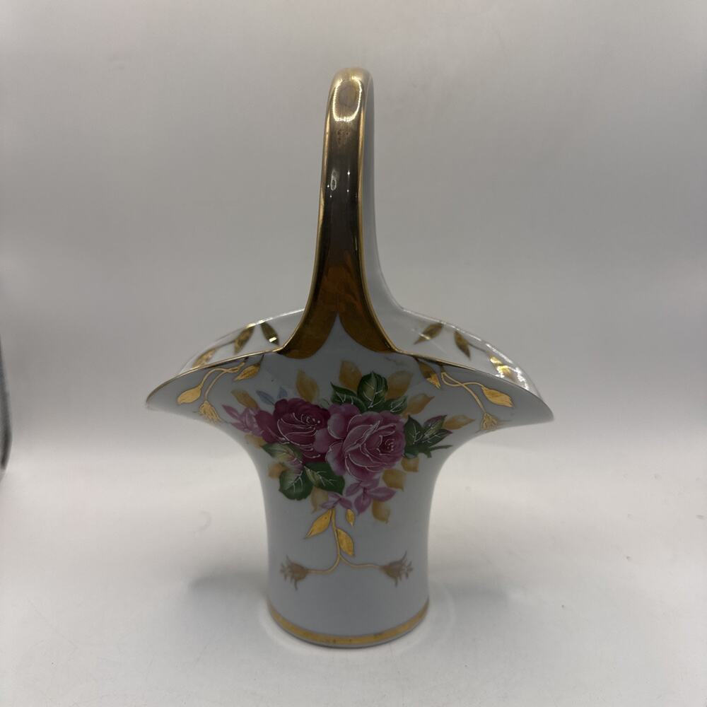 China Basket Pink Red Roses Gold Leaves Handle Vintage Decorative *